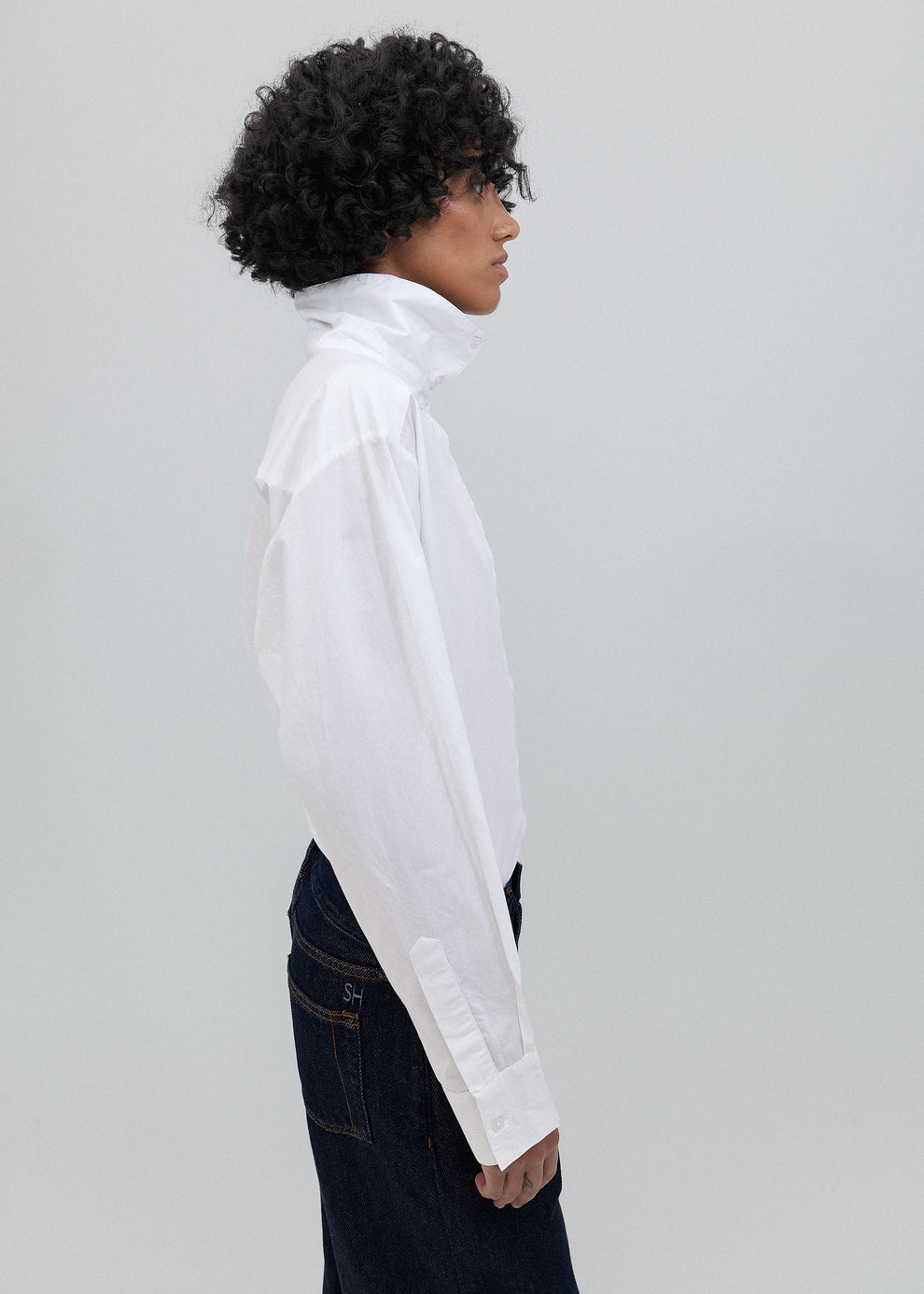 Person wearing a white blouse with a high collar against a plain background