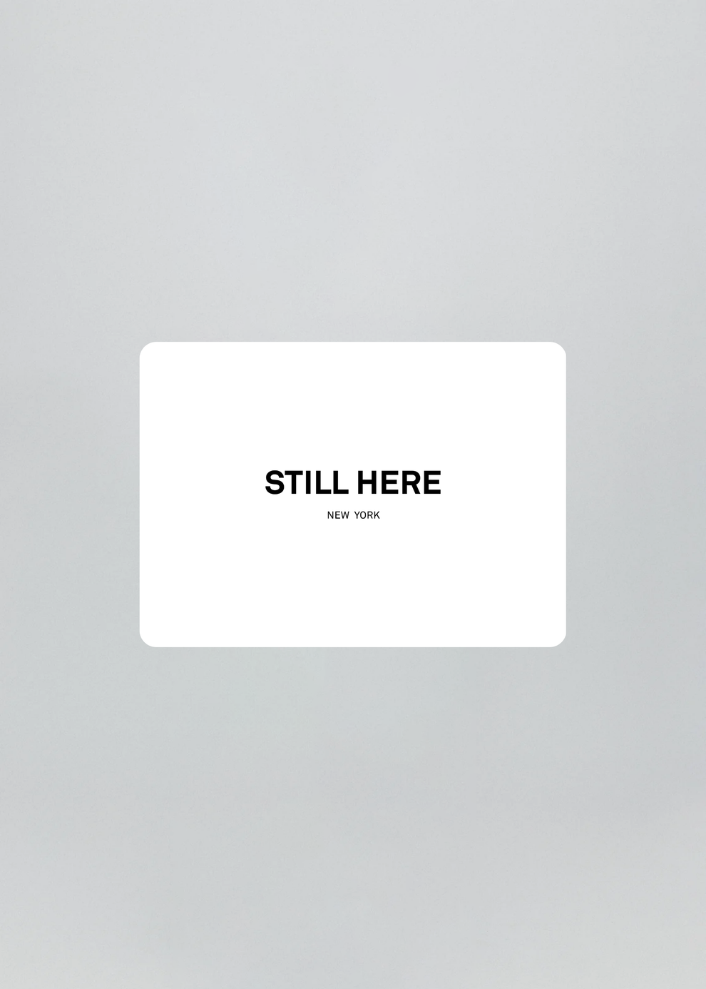 White card with 'STILL HERE NEW YORK' text on a gray background