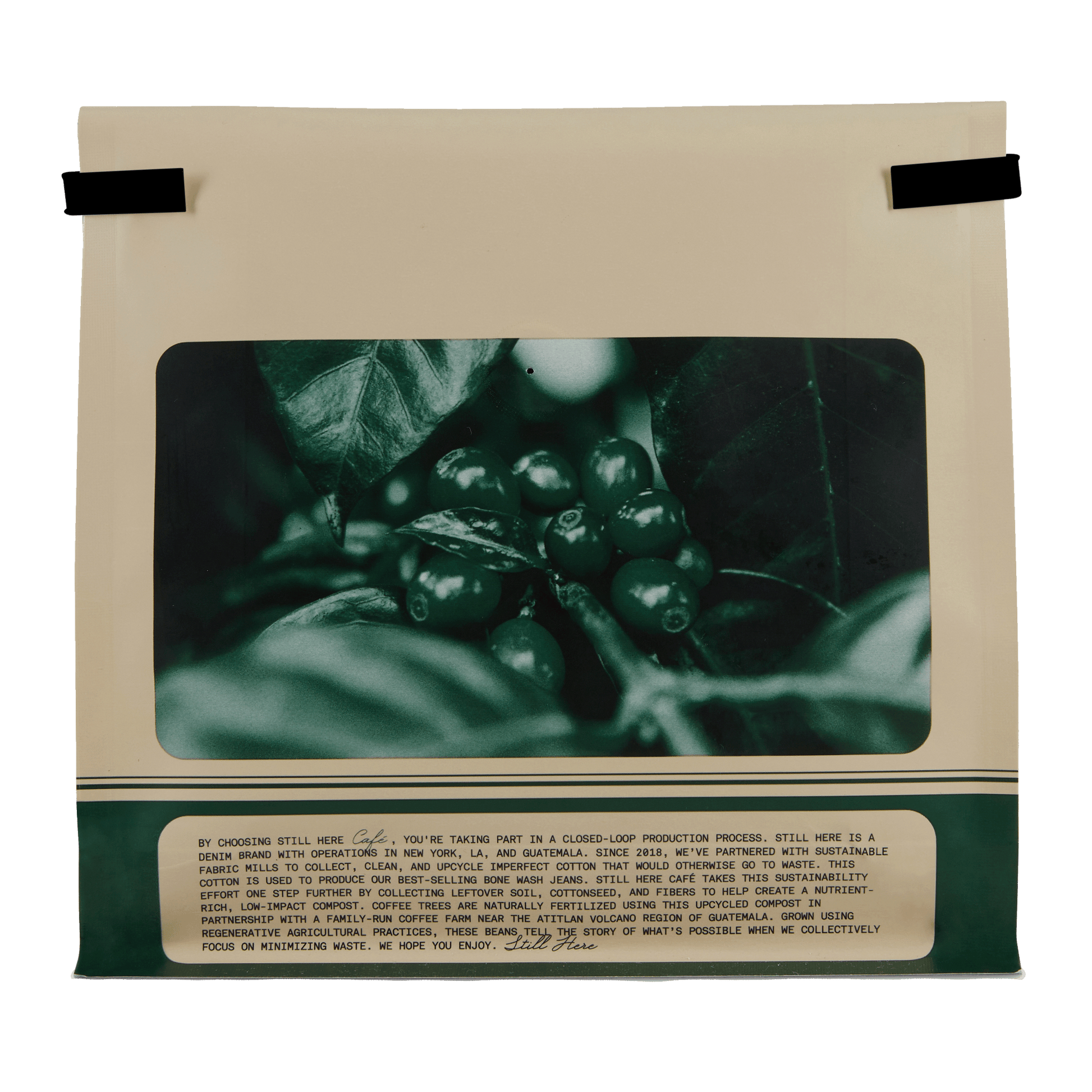 Packaging for Still Here Cafe Original coffee with branding and information on the front.